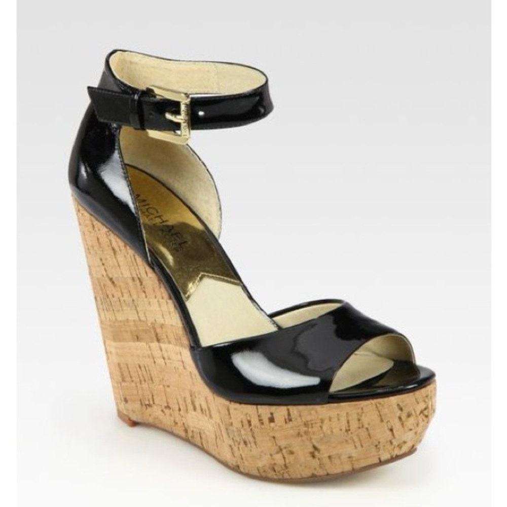 Michael Kors Ariana Patent Leather Cork Wedges Size 8